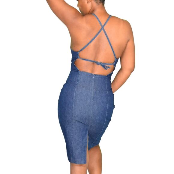 Vintage Guess Denim Dress Blue Jean Bodycon Pencil Halter Back Ties Size Small - Picture 2 of 15